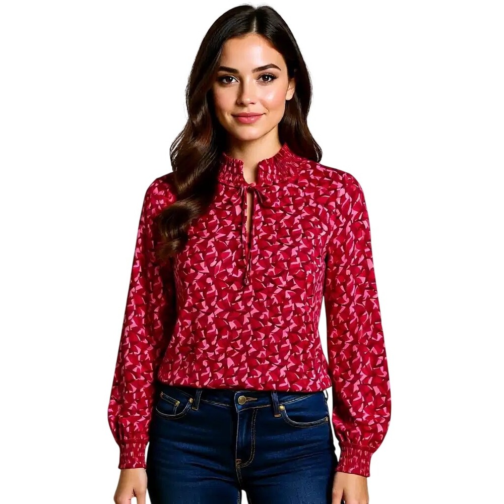 Hobbs London Limited Edition Pink Red Geometric Smocked Neck Tie Blouse US 6